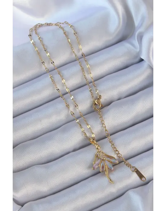  Zincir Altın  Lila Zirkon Taşlı Balerin Çelik Kolye