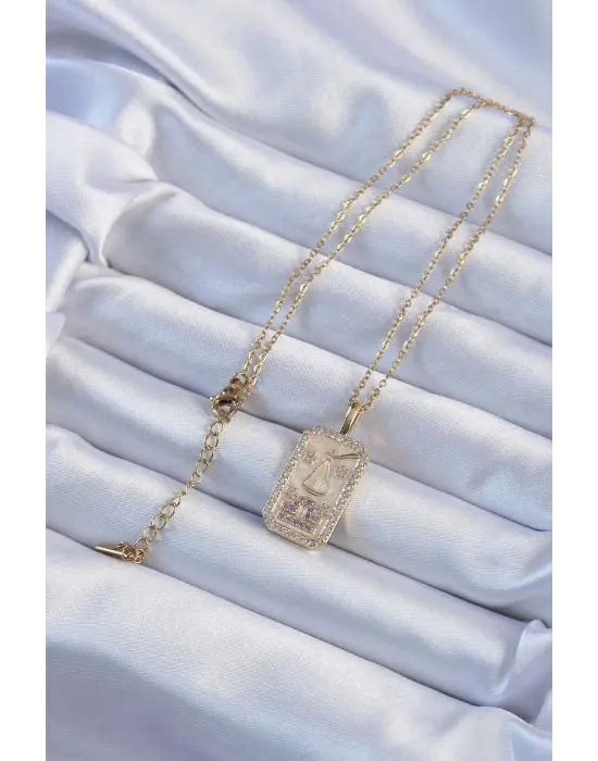  Zincir Altın  Lila Zirkon Taşlı Tarot Çelik Kolye