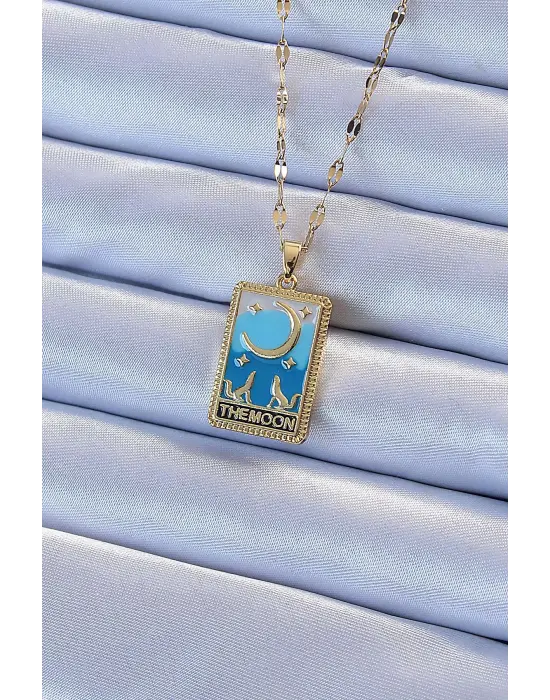  Zincir Altın  Mavi Mineli Ay Figür Tarot Çelik Kolye