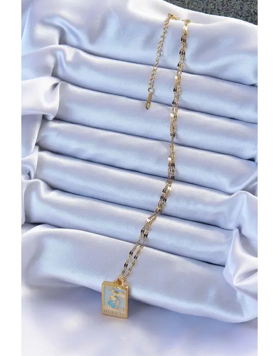  Zincir Altın  Mavi Mineli Tarot Çelik Kolye