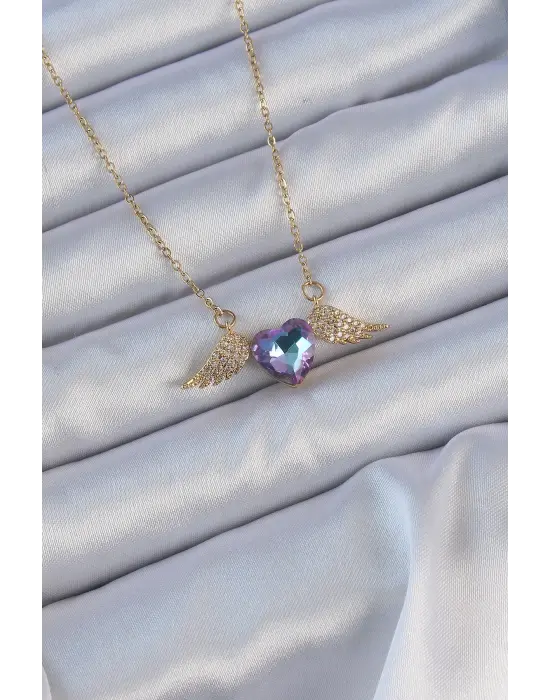  Zincir Altın  Mavi Mor Zirkon Taşlı Kanatlı Kalp Çelik Kolye