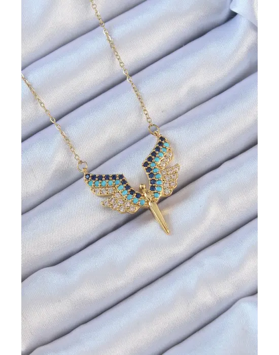  Zincir Altın  Mavi Zirkon Taşlı Mikail Meleği Çelik Kolye