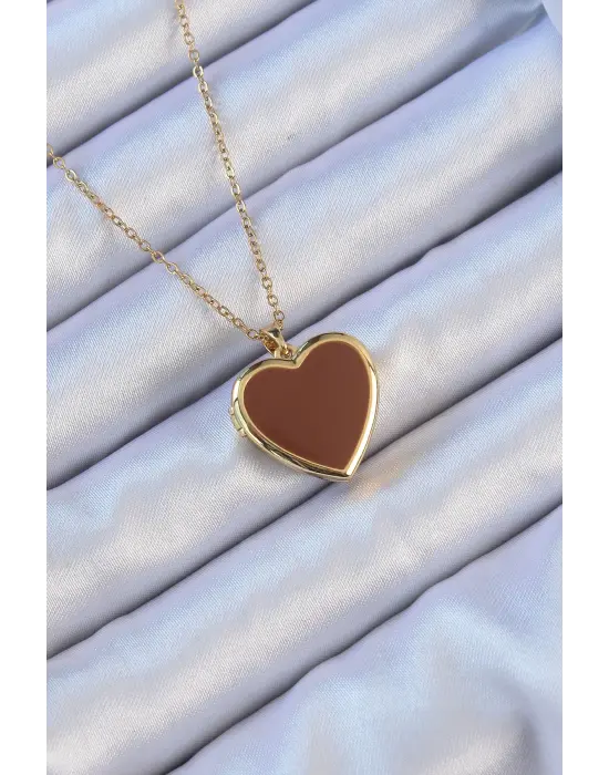  Zincir Altın  Mineli İçi Açılan Kalp Çelik Kolye