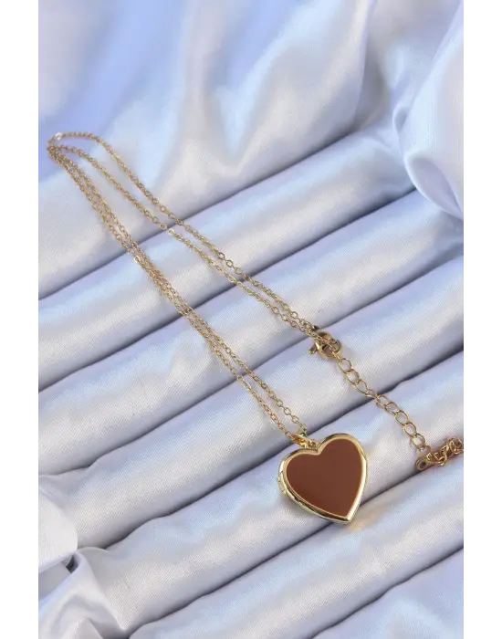  Zincir Altın  Mineli İçi Açılan Kalp Çelik Kolye
