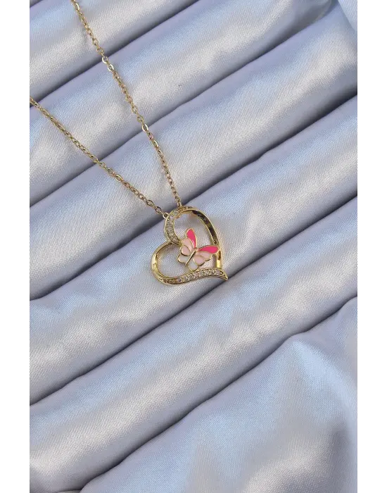  Zincir Altın  Mineli Kelebek Figür Zirkon Taşlı Kalp Çelik Kolye