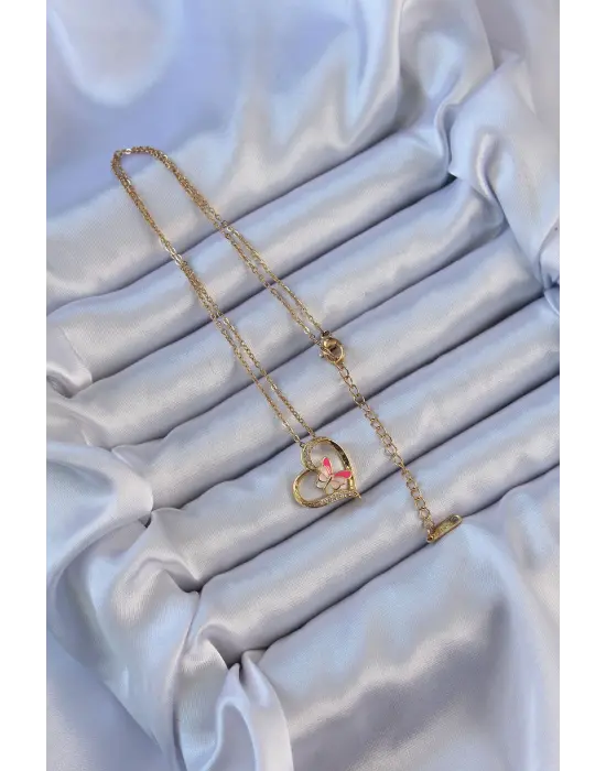  Zincir Altın  Mineli Kelebek Figür Zirkon Taşlı Kalp Çelik Kolye