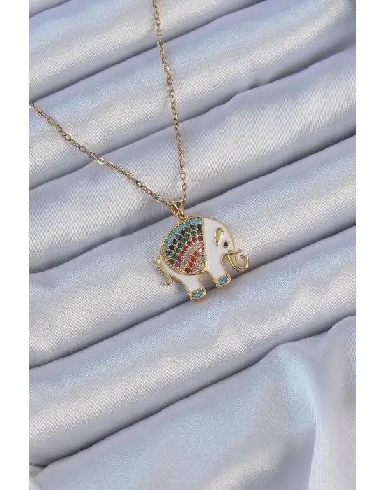  Zincir Altın  Mineli li Zirkon Taşlı Fil Çelik Kolye