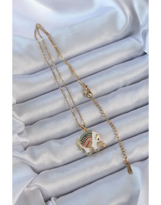  Zincir Altın  Mineli li Zirkon Taşlı Fil Çelik Kolye