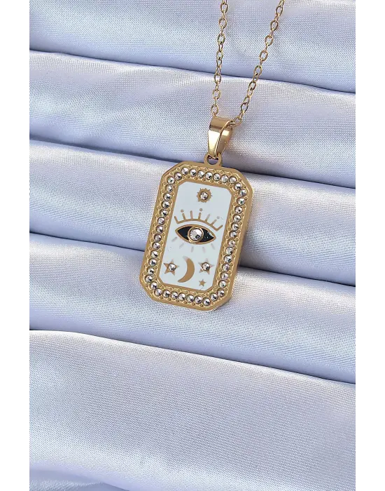  Zincir Altın  Mineli Zirkon Taşlı Göz Figür Tarot Çelik Kolye