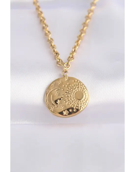  Zincir Altın  Oval Desenli Çelik Kolye