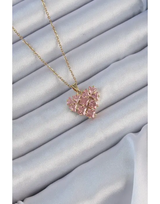  Zincir Altın  Pembe Parçalı Zirkon Taşlı Kalp Çelik Kolye