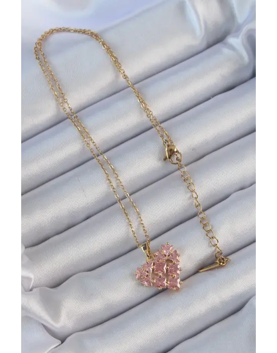  Zincir Altın  Pembe Parçalı Zirkon Taşlı Kalp Çelik Kolye