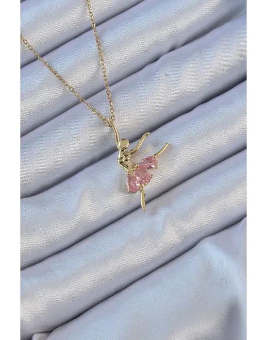  Zincir Altın  Pembe Zirkon Taşlı Balerin Çelik Kolye