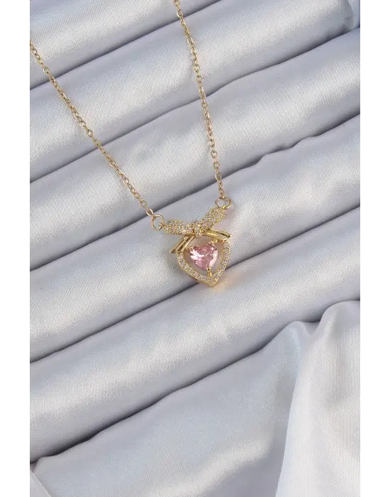  Zincir Altın  Pembe Zirkon Taşlı Fiyonklu Kalp Çelik Kolye