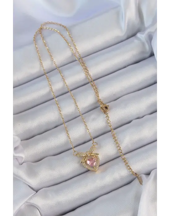  Zincir Altın  Pembe Zirkon Taşlı Fiyonklu Kalp Çelik Kolye