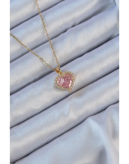  Zincir Altın  Pembe Zirkon Taşlı Kalp Çelik Kolye