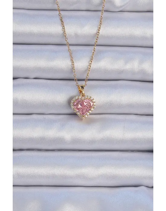  Zincir Altın  Pembe Zirkon Taşlı Kalp Çelik Kolye