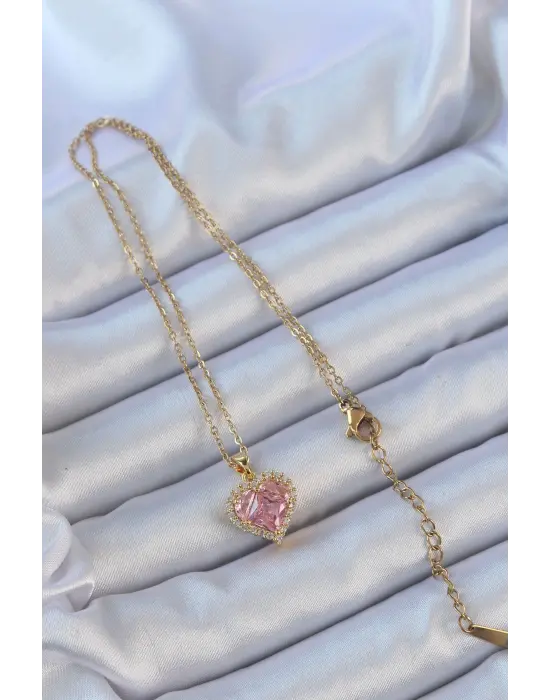  Zincir Altın  Pembe Zirkon Taşlı Kalp Çelik Kolye