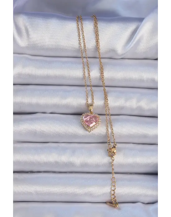  Zincir Altın  Pembe Zirkon Taşlı Kalp Çelik Kolye