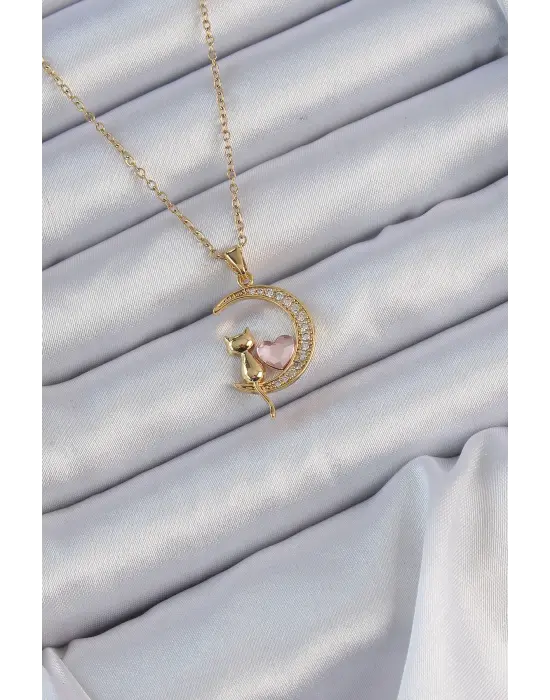  Zincir Altın  Pembe Zirkon Taşlı Kedili Ay Çelik Kolye
