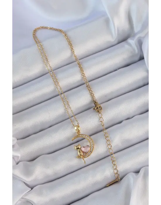  Zincir Altın  Pembe Zirkon Taşlı Kedili Ay Çelik Kolye