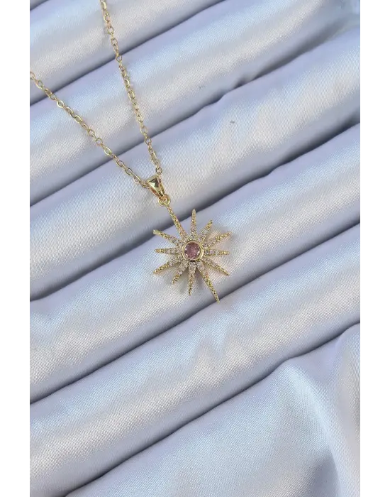  Zincir Altın  Pembe Zirkon Taşlı Kutup Yıldızı Çelik Kolye