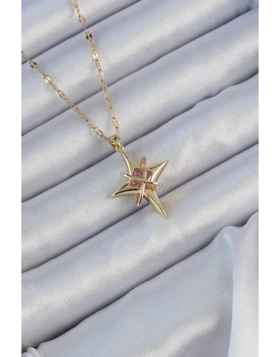  Zincir Altın  Pembe Zirkon Taşlı Kutup Yıldızı Çelik Kolye