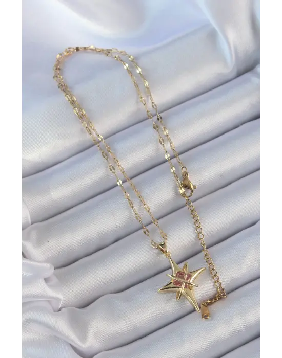  Zincir Altın  Pembe Zirkon Taşlı Kutup Yıldızı Çelik Kolye
