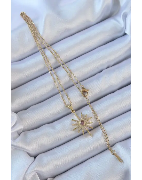  Zincir Altın  Pembe Zirkon Taşlı Kutup Yıldızı Çelik Kolye