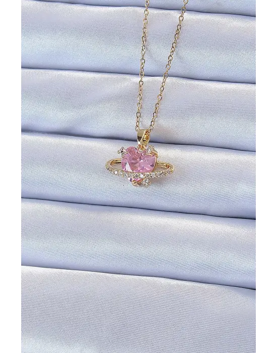  Zincir Altın  Pembe Zirkon Taşlı Satürn Görünümlü Kalp Çelik Kolye