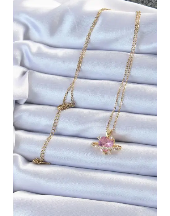  Zincir Altın  Pembe Zirkon Taşlı Satürn Görünümlü Kalp Çelik Kolye