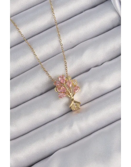  Zincir Altın  Pembe Zirkon Taşlı Uçan Ev Çelik Kolye