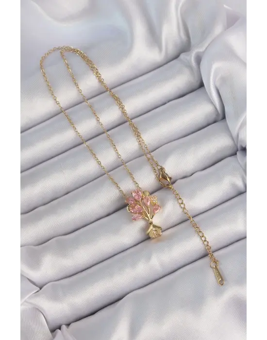  Zincir Altın  Pembe Zirkon Taşlı Uçan Ev Çelik Kolye