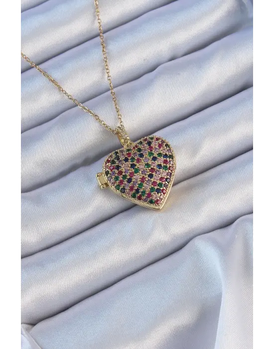  Zincir Altın  li Zirkon Taşlı İçi Açılan Bombeli Kalp Çelik Kolye