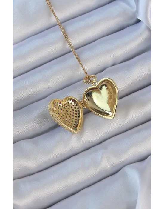  Zincir Altın  li Zirkon Taşlı İçi Açılan Bombeli Kalp Çelik Kolye