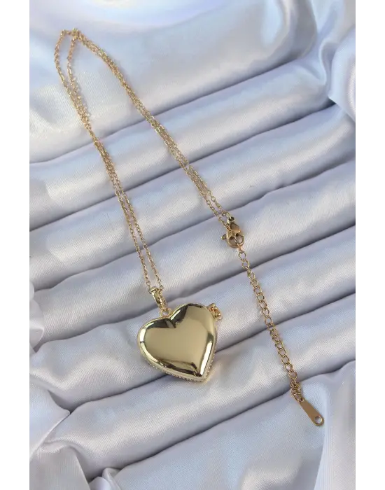  Zincir Altın  li Zirkon Taşlı İçi Açılan Bombeli Kalp Çelik Kolye