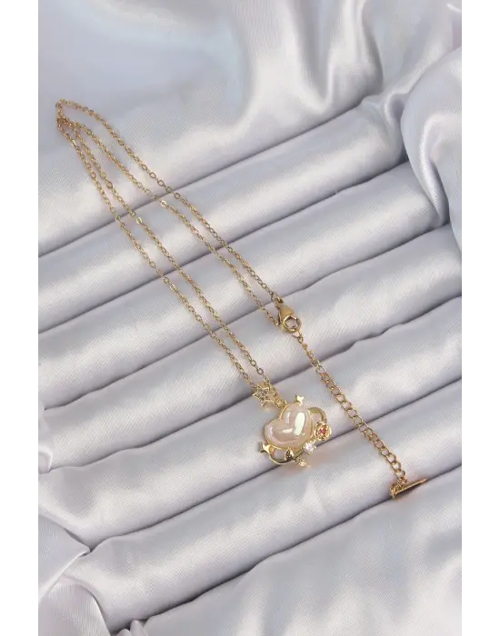  Zincir Altın  Sedefli Kalp Figür Zirkon Taşlı Gezegen Çelik Kolye