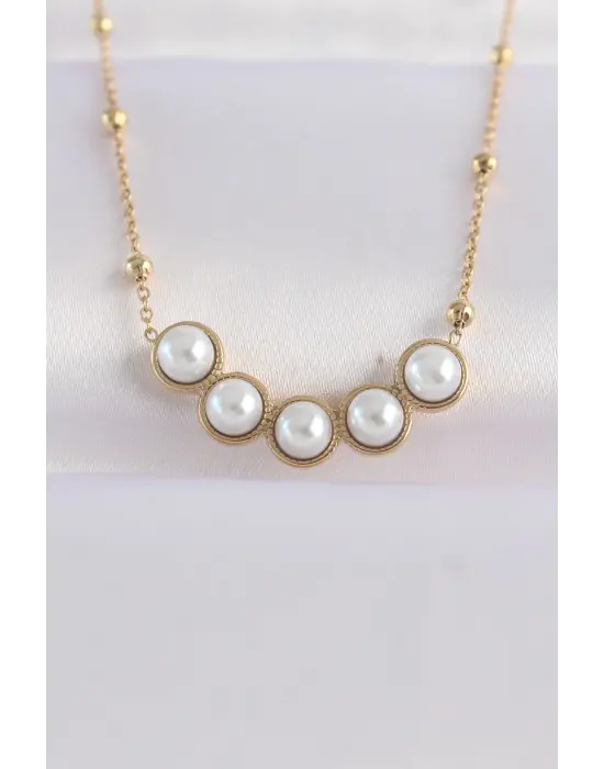  Zincir Altın  Sıralı İnci Taşlı Çelik Kolye