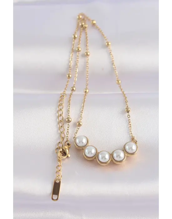 Zincir Altın  Sıralı İnci Taşlı Çelik Kolye