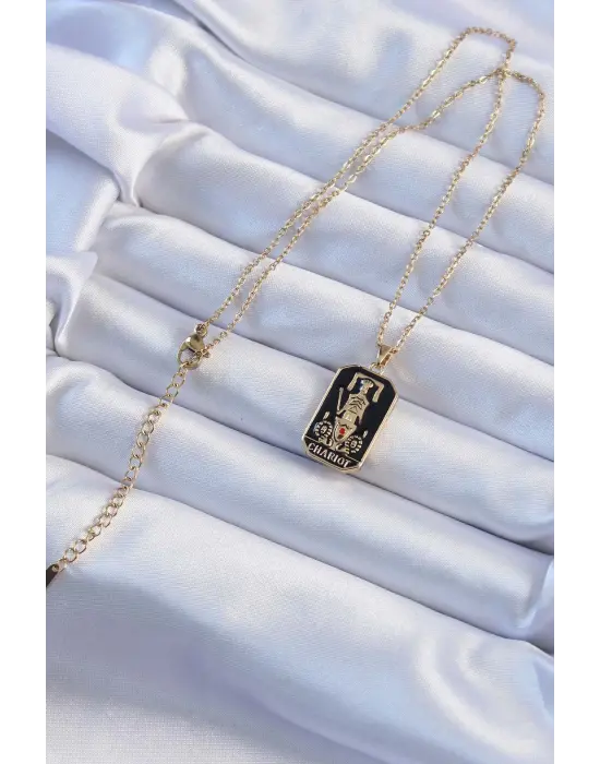  Zincir Altın  Siyah Mineli Tarot Çelik Kolye