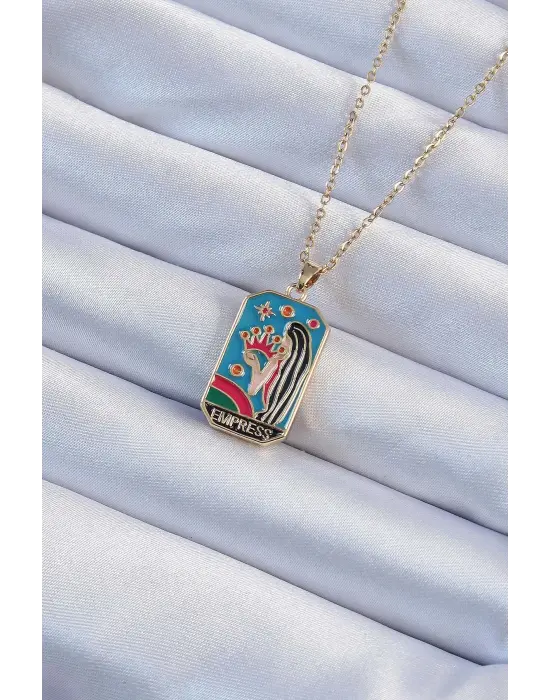  Zincir Altın  Taç ve Kız Figürlü li Mineli Tarot Çelik Kolye