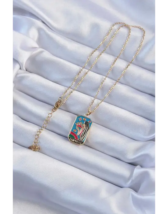  Zincir Altın  Taç ve Kız Figürlü li Mineli Tarot Çelik Kolye