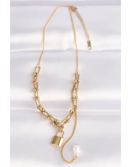  Zincir Altın  Tiffany Zincirli Love Yazılı Kilit Çelik Kolye