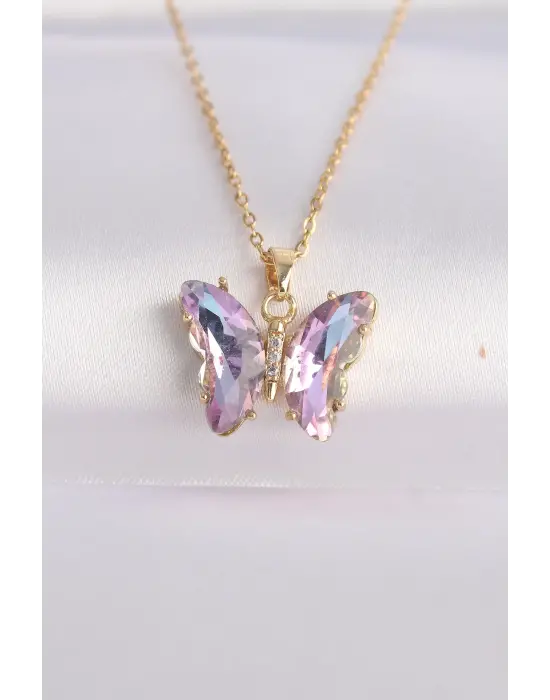  Zincir Altın  Zincir Lila Kelebek Model li Zirkon Taşlı Çelik Kolye