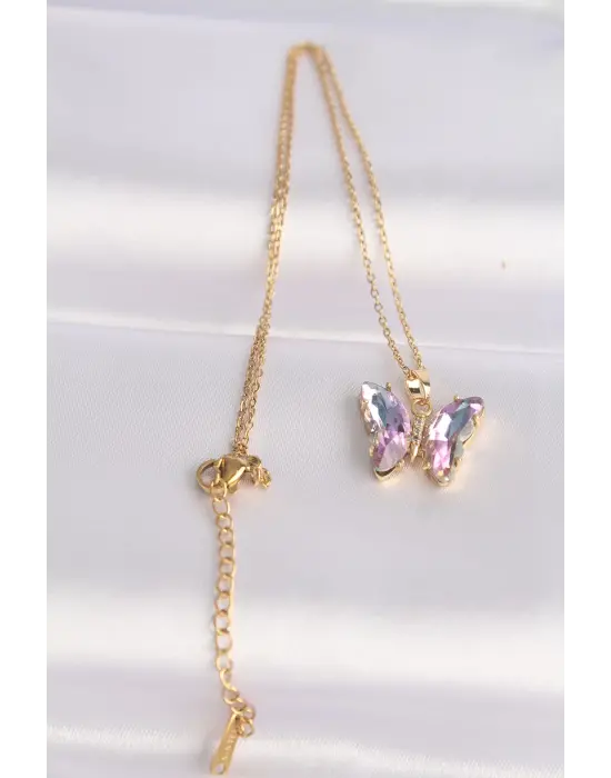  Zincir Altın  Zincir Lila Kelebek Model li Zirkon Taşlı Çelik Kolye
