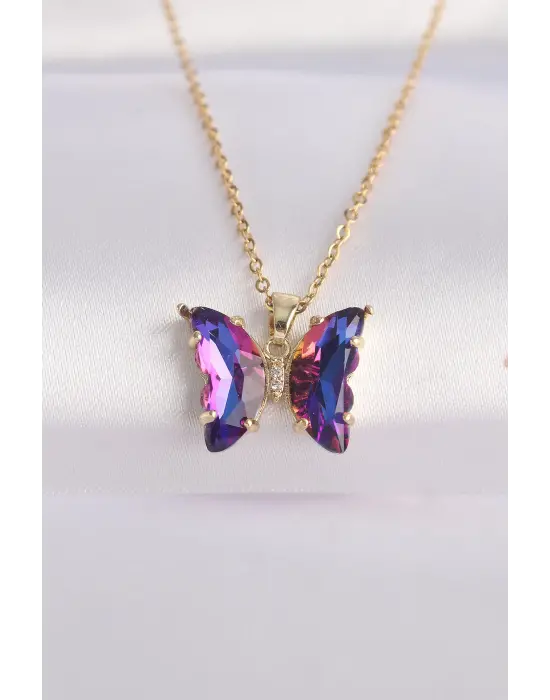  Zincir Altın  Zincir Mor Kelebek Model li Zirkon Taşlı Çelik Kolye