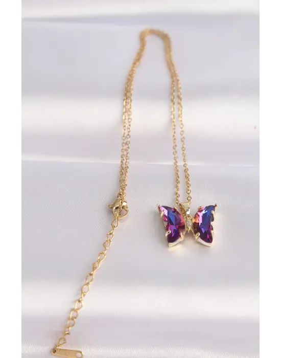  Zincir Altın  Zincir Mor Kelebek Model li Zirkon Taşlı Çelik Kolye