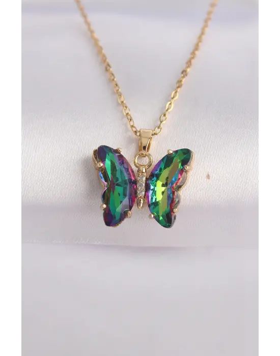  Zincir Altın  Zincir Yeşil Kelebek Model li Zirkon Taşlı Çelik Kolye