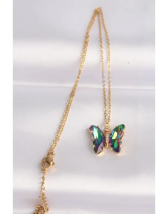  Zincir Altın  Zincir Yeşil Kelebek Model li Zirkon Taşlı Çelik Kolye