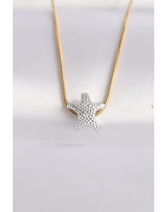  Zincir Altın  Zincirli Gümüş  Deniz Yıldızı Tasarımlı Çelik Kolye